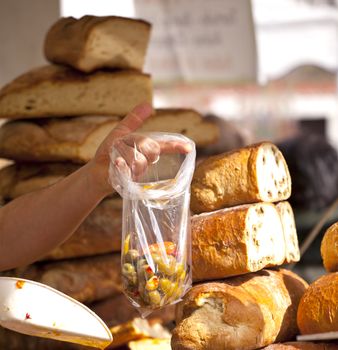 Olives and bread in a Street market