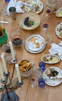 Bread and salame on table