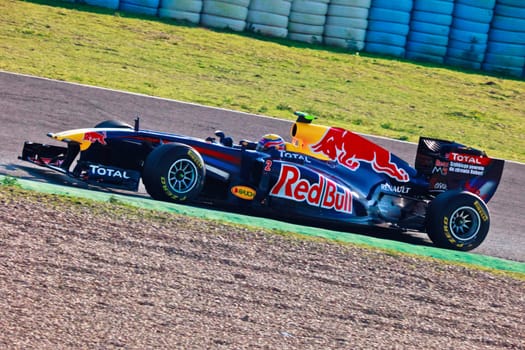 JEREZ DE LA FRONTERA, SPAIN - FEB 11: Mark Webber of Red
Bull Racing F1 races on training session on February 11 , 2011, in Jerez de la Frontera , Spain