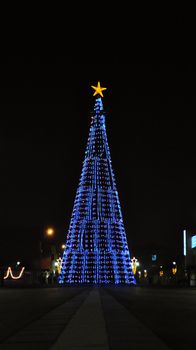 Huge Christmas tree in the drobeta turnu severin city centre shoot in the night