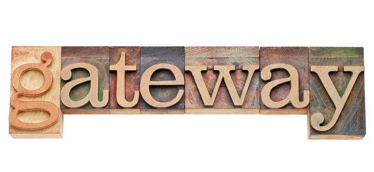 gateway - computer network concept - isolated text in vintage wood letterpress printing blocks, stained by color inks