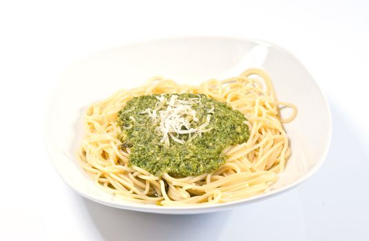 Pasta with pesto on white background, Genovese recipe