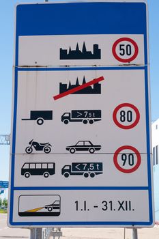 Speed limit and informations sign right at the border in Ferry Port