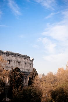 A Coloseum view with spring trees on the surface
