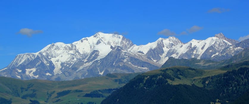 Panorama of the Mont-Blanc mountains by beautiful summer day, France