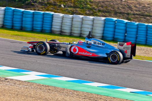 JEREZ DE LA FRONTERA, SPAIN - FEB 11: Jenson Button of McLaren F1  races on training session on February 11 , 2011, in Jerez de la Frontera , Spain