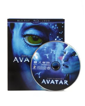 An isolated studio shot of the Blue-ray box art and disk of Avatar the movie. Avatar became the first film to gross more than 2 billion dollars and is currently the highest grossing film of all time.