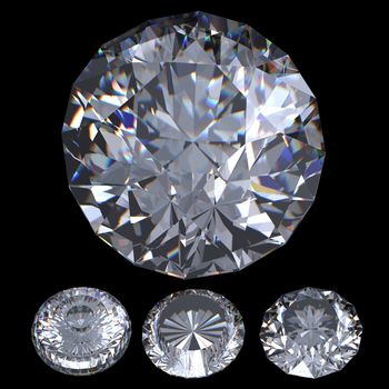 3d Round brilliant cut diamond perspective isolated on black background