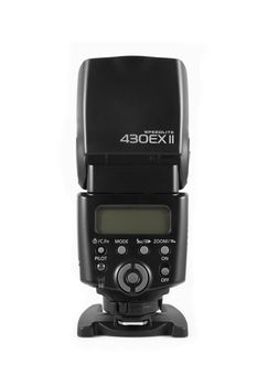 An isolated studio shot of a Canon 430EX II Speedlite  Flash.