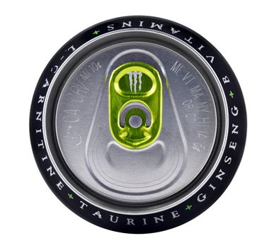 An isolated close up studio shot of the top portion of a can of Monster Energy