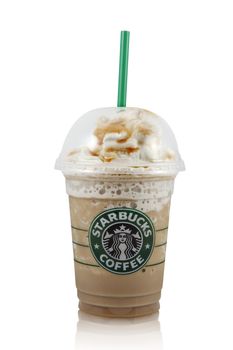 An isolated studio shot of a cup of Starbucks Caramel Frappuccino.