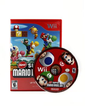 An isolated studio shot of the popular video game New Super Mario Bros. Wii for the Nintendo Wii gaming system.