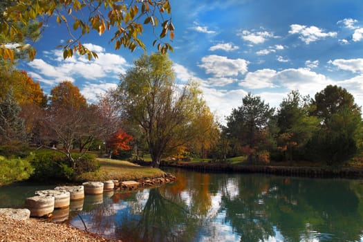 Fall colors reflecting in the water at a park.