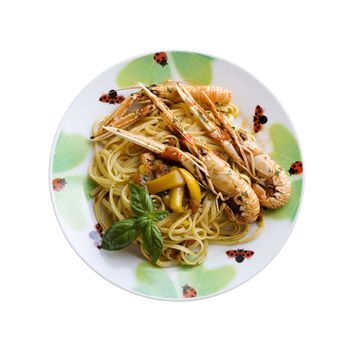 Italian spaghetti with tomato sauce, basil and shrimp