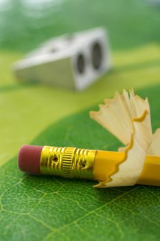 Pencil sharpner and pencil on green texture