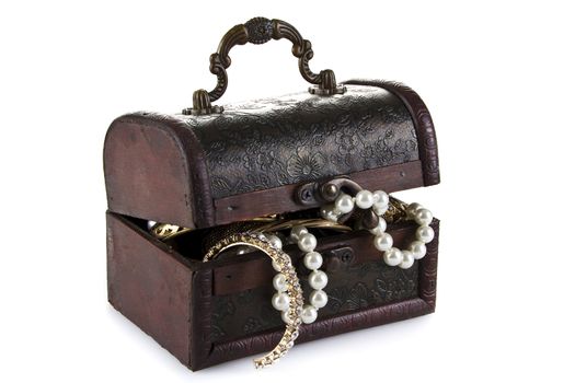 Treasure Chest full of jewelery  isolated over white background