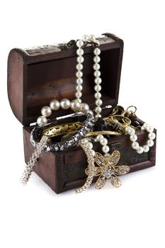 Treasure Chest full of jewelery  isolated over white background