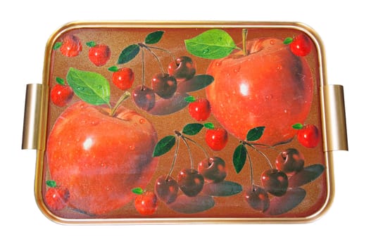 Tray decorated with decoupage on bwhite background
