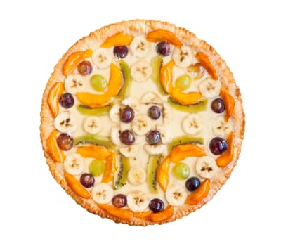 Cake with banana, kiwi, grape, and peaches