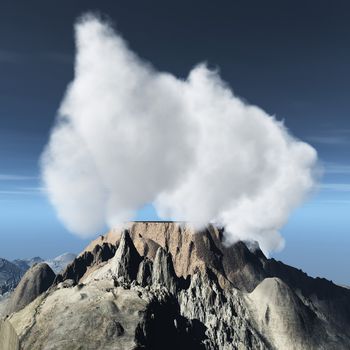 Volcanic eruption on island at sunset