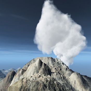 Volcanic eruption on island at sunset