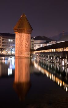 Famous covered wooden Chapel bridge foot walkway in Lucerne, Switzerland