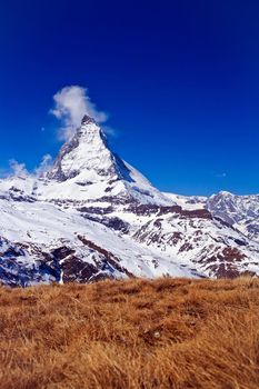 Landscape of Matterhorn peak with dry meadow located at Gornergrat in Switzerland, Vertical