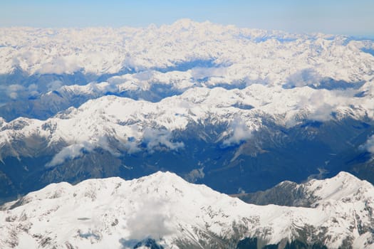 landscape of southern alpine alps with Mount cook peak from top view