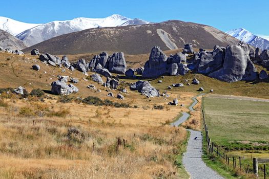 curve pathway to the mountain at Castle Hill New Zealand