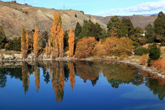 panorama of dunstan lake reflection in New Zealand near Queenstown