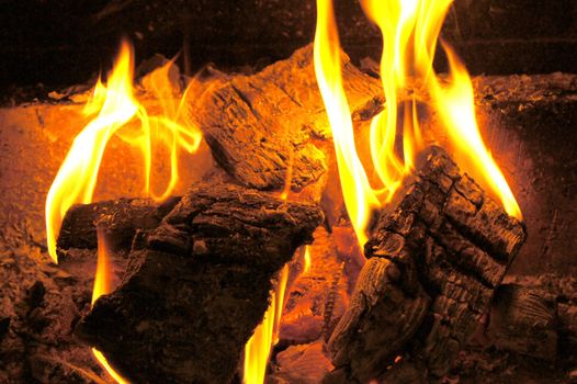 Fire in the fireplace, cold winter evening in Sibiria