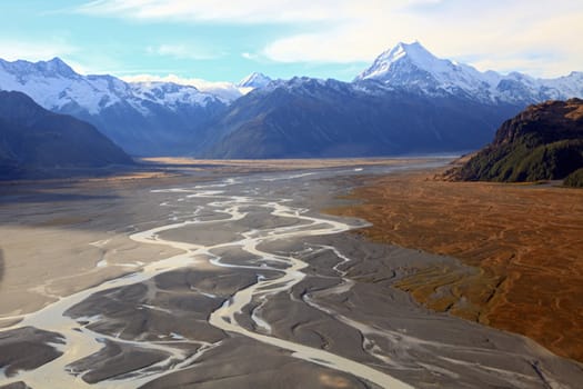 aerial view of Tasman glacier anf Mountain Cook Range in New Zealand