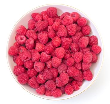 Ripe Berry Red Raspberry in Bowl on white background, top view
