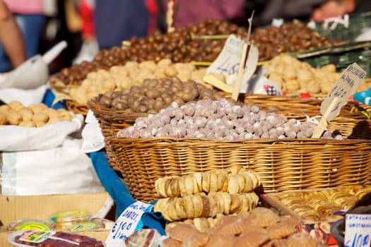 Dried fruit inside a wicker basket