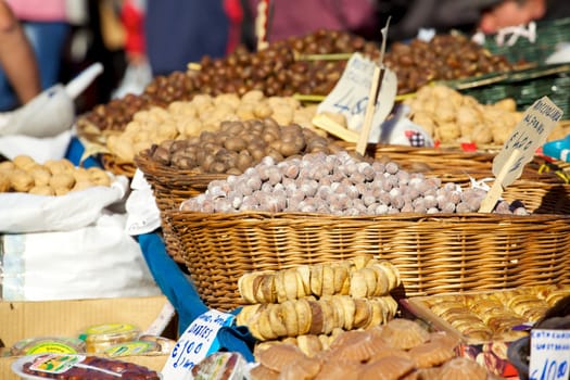 Dried fruit inside a wicker basket