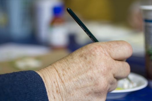 Artist painting flowers on fabric