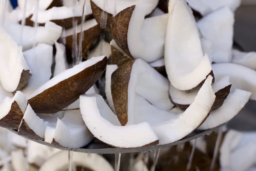 Sliced coconut inside a fountain