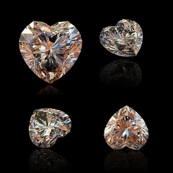 Collection brilliants shape of heart  on black background. Cognac diamond 