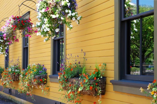 Flowers in hanging basket with yellow historical building. Northwest Railway Museum