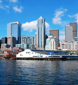 Seattle waterfront Pier 55 and 54. Downtown view from ferry.