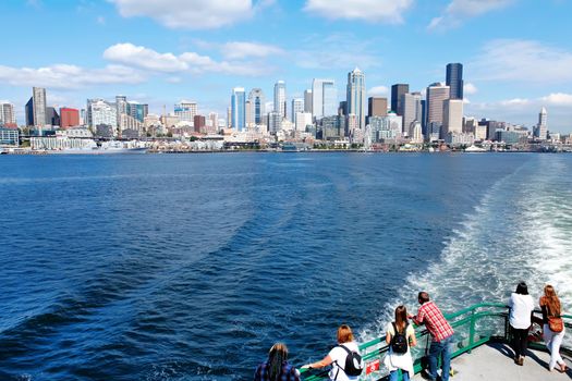 Seattle waterfront Pier 55 and 54. Downtown view from ferry.