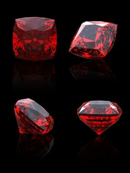 Set of jewelry gems shape of square on black background. Ruby