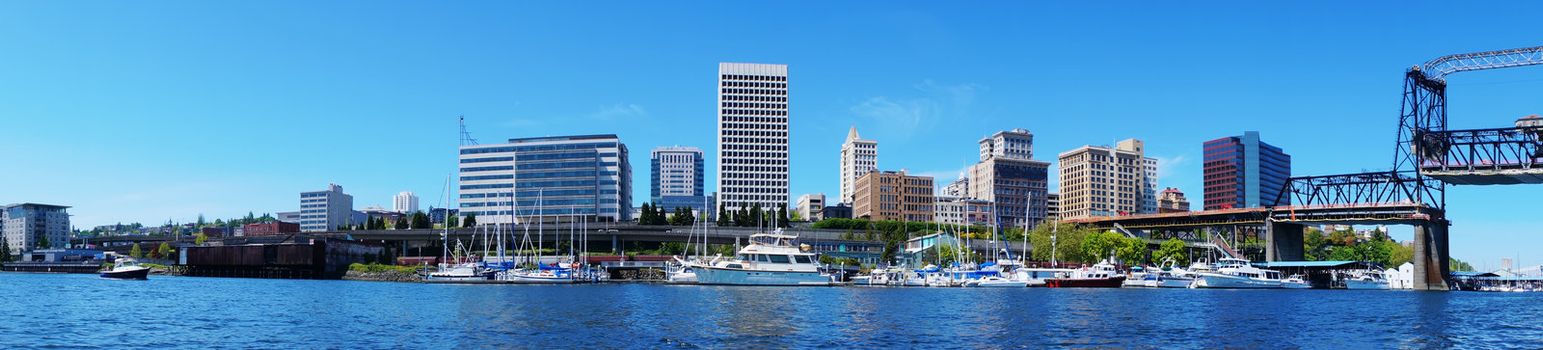 Tacoma downtown water view with business buildings. Northwest. Washington State. American town.