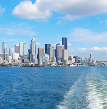 Seattle waterfront Pier 55 and 54. Downtown view from ferry.