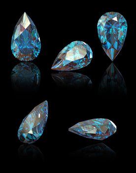 Pear. Collections of jewelry gems on black. Swiss blue topaz