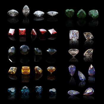 Collection gems diferent shapes  on black background.. Gemstone