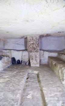 Tarquinia, Italy, around 470 B.C. Via a narrow corridor leading downstair one has access to the rectangular burial room with a sloping ceiling