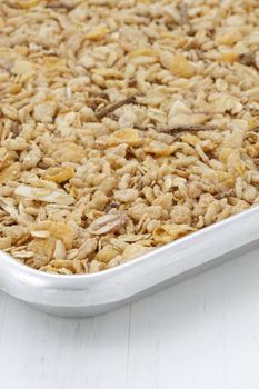 Fresh just made granola often eaten in combination with yogurt or milk. 