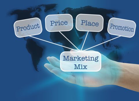 man hand hold business marketing mix concept with world map background