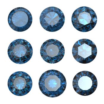 Set of round blue sapphire isolated. Gemstonecut diamond perspective on white background